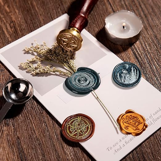 Wax Seal Stamp Hot Stamping Gift Box Set, 6 Pcs Sealing Wax Stamps Copper Seals 1 Wooden Hilt, Wax Stamp Kit for Cards Envelopes, Gift Packaging