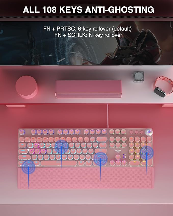 AULA F2088 Typewriter Mechanical Keyboard, Pink Retro Wired Gaming Keyboard with Blue Switches, Rainbow Backlit, Round Keycaps, Media Knob & Removable Wrist Rest