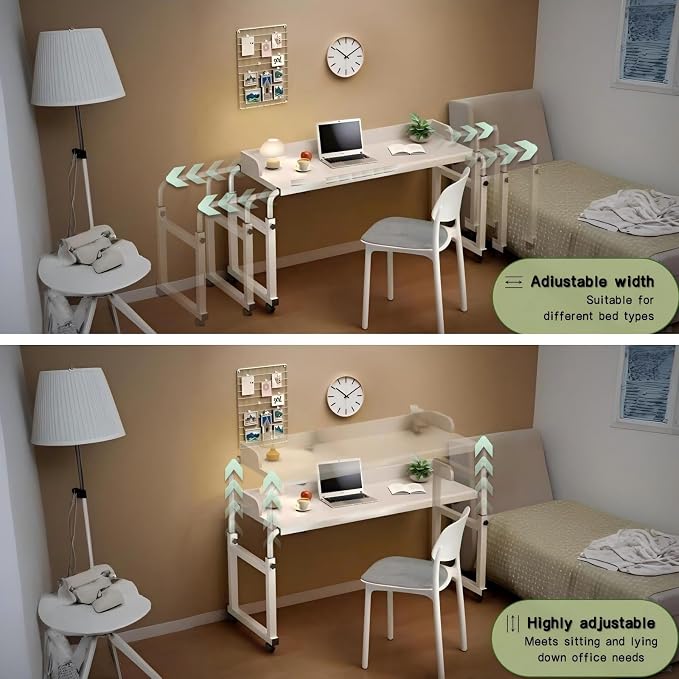 Overbed Table with Wheels and Desktop Enclosure, Height and Length Adjustable Over Bed Desk King Queen Bed Table Overbed Laptop Table (White)