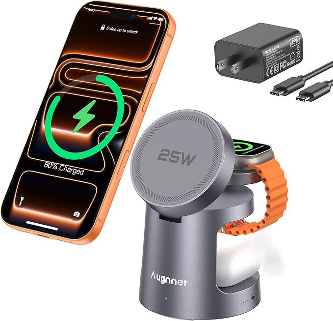 3 in 1 Charging Station Compatible with MagSafe Charger, 25W Magnetic Wireless Charger Night Light, Foldable Charging Stand for iPhone 17/16/15/14/13/12, Apple Watch, AirPods (45W Adapter)