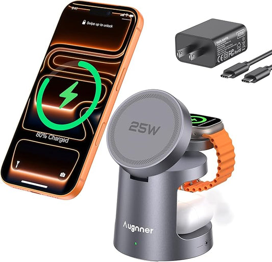 3 in 1 Charging Station Compatible with MagSafe Charger, 25W Magnetic Wireless Charger Night Light, Foldable Charging Stand for iPhone 17/16/15/14/13/12, Apple Watch, AirPods (45W Adapter)