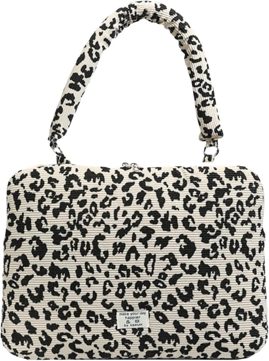 Leopard Print Laptop Case 11, 13,15 Inch Quilted Laptop Sleeve Soft Protective Cheetah Computer Sleeve for MacBook (Beige, with Strap, 13 Inch)