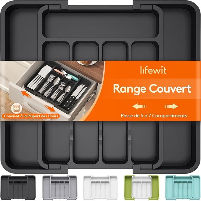 Lifewit Silverware Drawer Organizer, Expandable Utensil Tray for Kitchen, BPA Free Flatware and Cutlery Holder, Adjustable Plastic Storage for Spoons Forks Knives, 8.9-14.7 x 12.2", Black