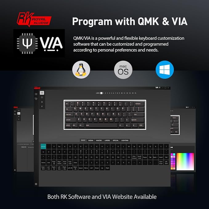 RK ROYAL KLUDGE RK61 Wired 60% Mechanical Gaming Keyboard Programmable QMK/VIA RGB Backlit 61 Keys Ultra-Compact Hot Swappable Blue Switch Black
