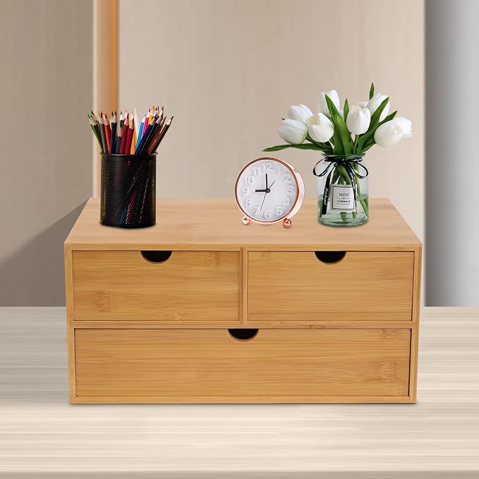 Desk Organizer, 12*7.48*7.87inch Bamboo Desk Organizer Tabletop Storage Organization Box Mini Tabletop Storage Box Countertop Drawers with Baffles for Cosmetics Collections (12.99*7.48*6.3inch)