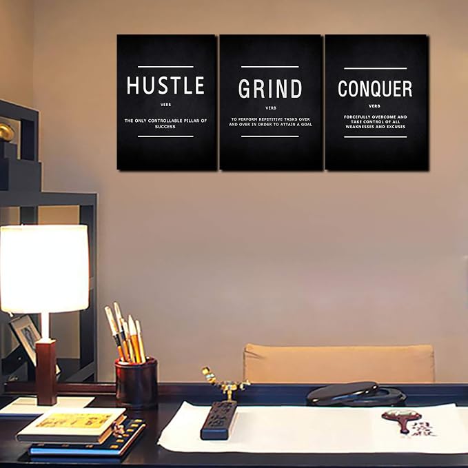 KAWAHONE Success Quotes Wall Art, Grind Hustle Conquer Motivation Wall Poster Framed Positive Sayings Wall Hanging Inspirational Quotes for Home Office Workplace - 20x28inx3pcs
