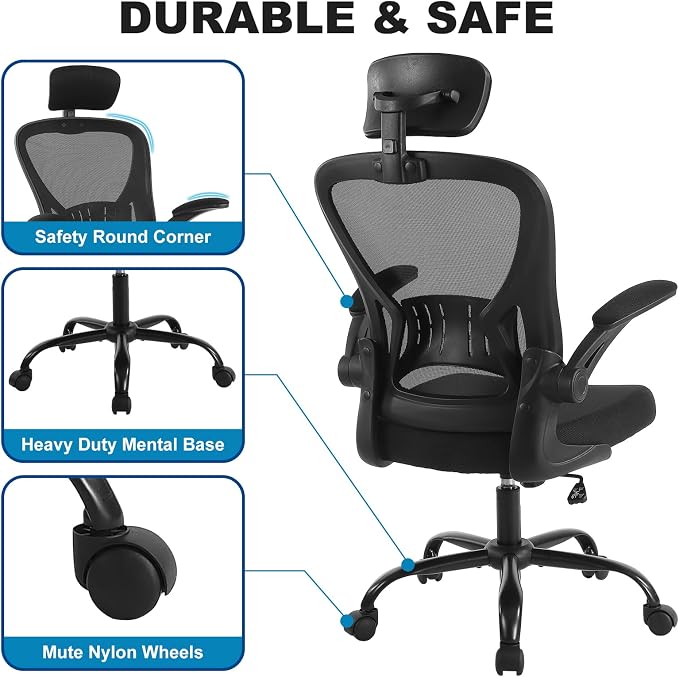 Youhauchair Adjustable Mesh Ergonomic Office Chair with Wheels, Black | Flip-up Arm, Lumbar Support, Height Adjustable, Breathable, Rocking, Mid Back Swivel Compurter Chair with Headrest, Set of 1