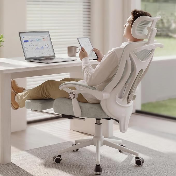 Ergonomic Office Chair - Adjustable Lumbar & Headrest, 90-160° Reclining with Footrest, Breathable Mesh Back - Home Office/Gaming Computer Chair (Modern, Light Grey)