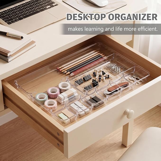 2 Pcs Shallow Drawer Organizers 14" x 9" x 1" Desk Drawer Organizer Tray with 9 Storage Compartments for Home Office Classroom School Organizing Pens Paper Clips Sticky Notes (Clear)