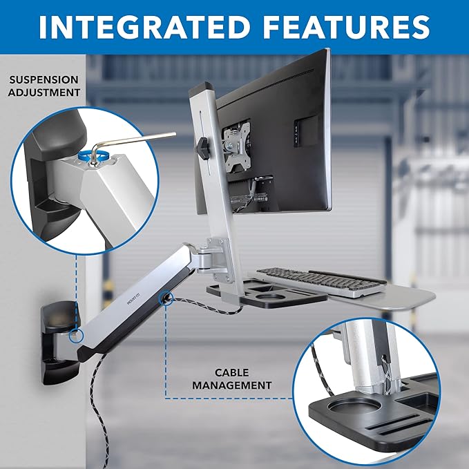 Mount-It! Wall Mounted Sit-Stand Single Monitor Workstation with Gas Spring Arm, Keyboard Tray & CPU Holder, 19.9” Height Adjustment, 41” Extension, VESA 75x75 100x100, MI-7905