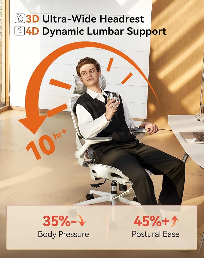 SIHOO B100 Pro Ergonomic Office Chair, Office Chair with Adaptive Lumbar Support, Computer Chair with Dual-Back, Desk Chair with 360° Rotatable & Flip-Up Armrests, 3D Wide Headrest, Light Grey