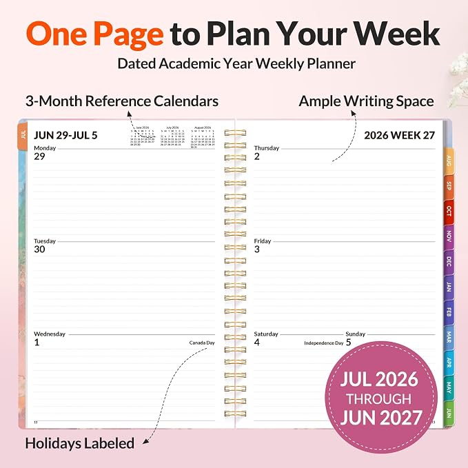 SUNEE Academic Planner 2026-2027 – Weekly & Monthly Planner, July 2026 to June 2027, 6.4"x8.3", Thick Paper, Tabs, Pockets, Bookmark, Spiral-Bound, Student Teacher Organizer, Marble