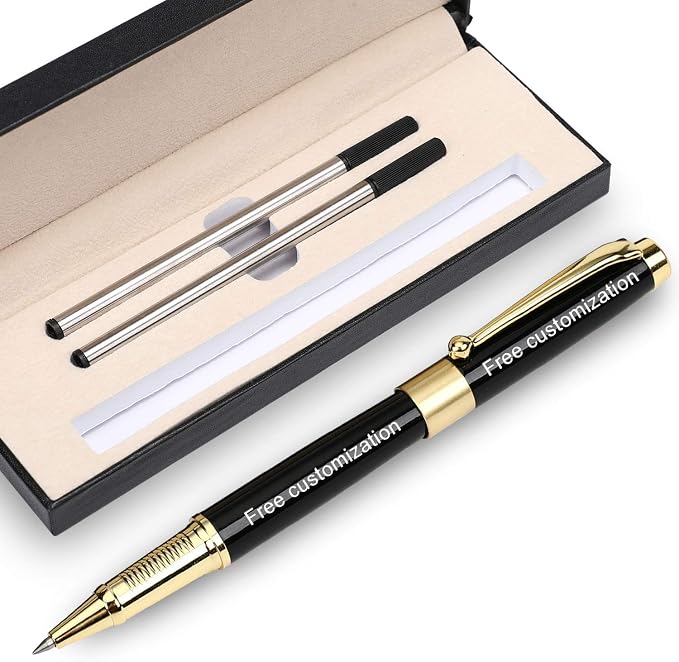 1314 Free Engraving pen Personalized custom pens Roller Ballpen, Ballpoint pen, Ball pen, Medium Refill Pen Black Ink, Custom Gifts for Men, Women, Classy Gift Box (Black Style 2)