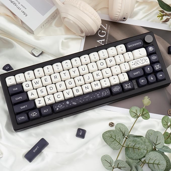 MOA Keycaps 126 Keys PBT Keycaps Dye-Sublimation Custom Keyboard Key Caps Set for Cherry Gateron MX Switches Mechanical Keyboards, Black White Space Theme Key Caps