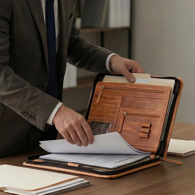 LEATHER VILLAGE Leather Portfolio Organizer - Professional Business Padfolio for Men & Women - Stylish Document Card Holder, Folio for A4/Letter Size Writing Legal Pad, Tan