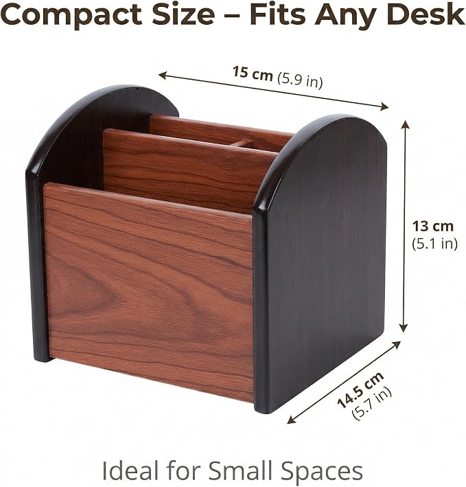Wooden Desk Organizer with 4 Compartments, Remote Control Holder, Office Storage Caddy, 360-degree rotation Black and Brown Desk Organizer for Office Supplies