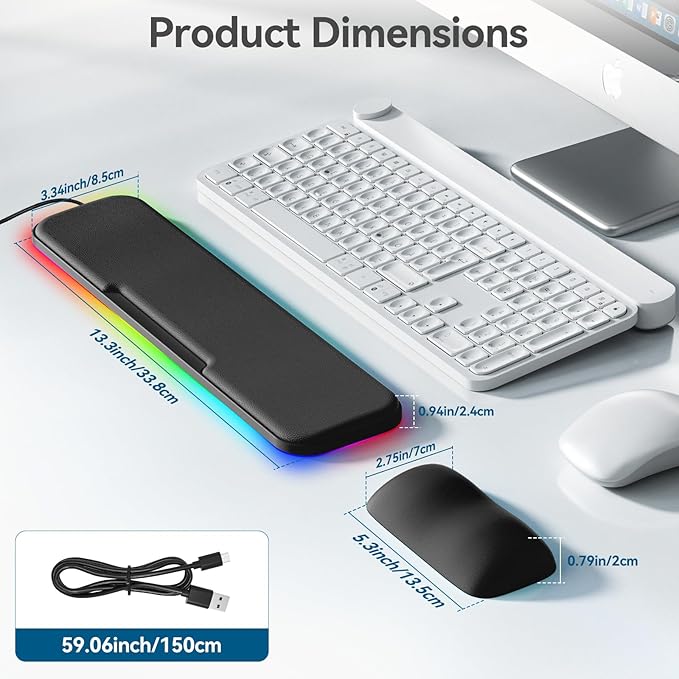 2-in-1 Heated Wrist Rest Set, Ergonomic Memory Wrist Pad with RGB Lights and Non-Slip Base, Keyboard Mouse Wrist Rest for Computer Laptop Office Work and PC Gaming