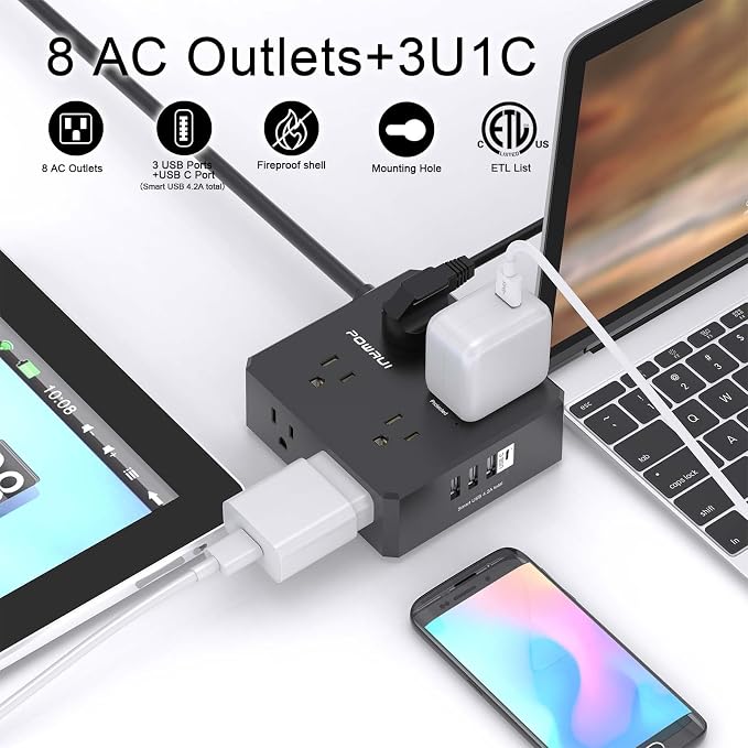 Surge Protector Power Strip - 10 Ft Flat Plug Extension Cord with 8 Widely Outlets and 4 USB Ports(1 USB C), 3 Side Outlet Extender for Home Office, Black, ETL Listed