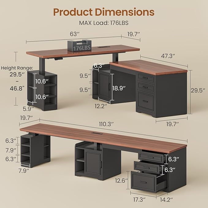 SEDETA Farmhouse L Shaped Electric Standing Desk, 63" x 67" Height Adjustable Office Executive Desk with Drawers and Shelves, Standing Computer Desks with Power Outlet for Home Office, Black+Brown