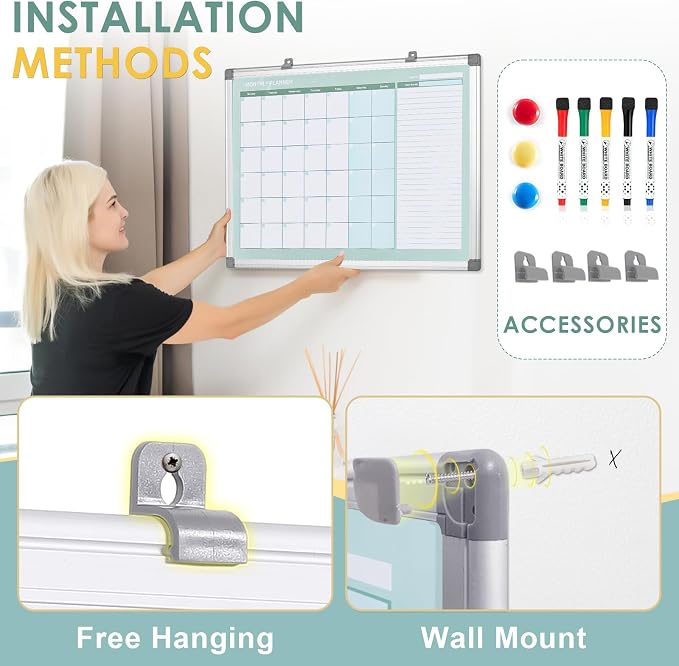 MAKELLO Dry Erase Calendar for Wall 24" x 18", White Board Calendar with Next Month for Office, Family, Kitchen and Bedroom | Magnetic Notice Board, Aluminum Frame, Wall Mount, Smooth Writing, Dry Erase, White Board for Office, Classroom, Home, School