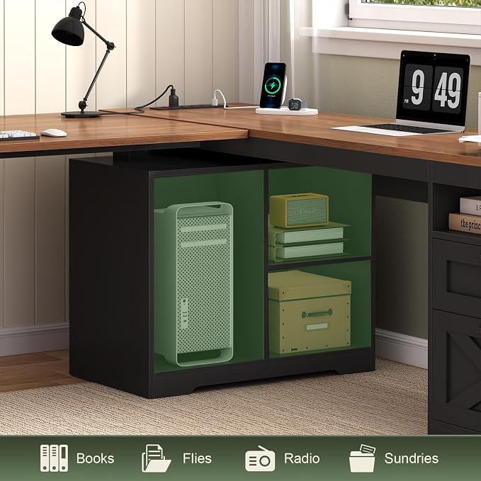 YOMILUVE Farmhouse L Shaped Standing Desk, 66 inch Corner Electric Standing Desk with Drawers ＆ Storage Shelves, Height Adjustable Computer Desk with Power Outlets for Home Office (Black and Brown) | Corner Electric Standing Desk with Drawers ＆ Storage...