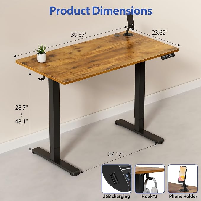 YESHOMY Height Adjustable Electric Standing Desk, 39 x 24 Inches Memory Home Office Sit Stand up Desk with Phone Holder and USB Charging Port, Rustic Brown