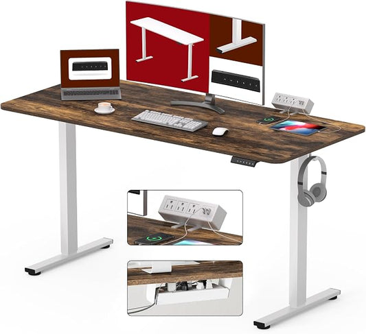 SANODESK Electric Standing Desk with Desk Clamp Power Strip 55"x 28" Whole-Piece Desktop Height Adjustable Stand Up Desk with Cable Management Sit Stand Home Office Desk White Frame/Rustic Brown Top