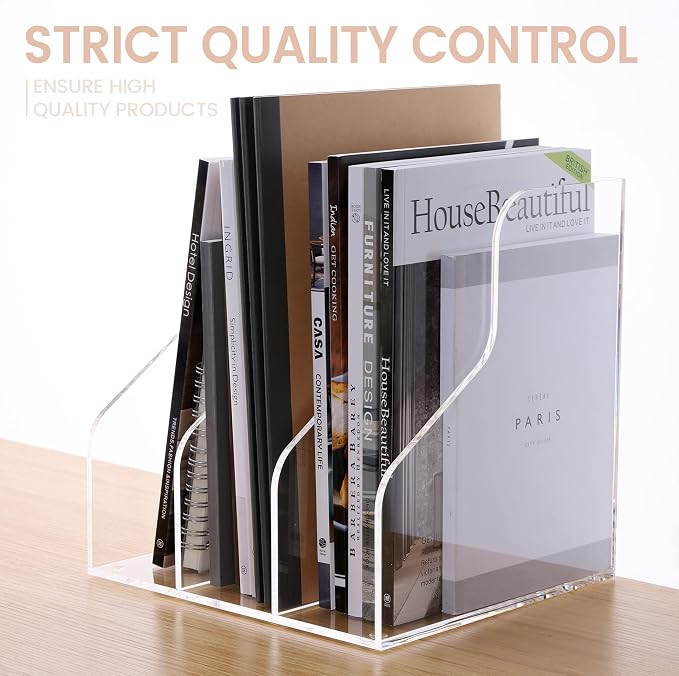HeZone Desk File Organizer, Acrylic Magazine File Holder with 3 Vertical Compartments Rack File Sorter for Office Home Classroom Desk Organization, Clear…