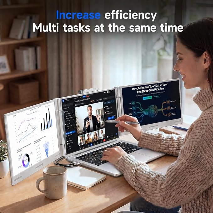 AOC 14" Laptop Screen Extender, Triple Portable Monitor for 13”-17.3" Laptops, 1080P FHD IPS Display, HDMI/USB-C Cable Plug-Play, Laptop Monitor Extender for Mac/Windows (Silver)