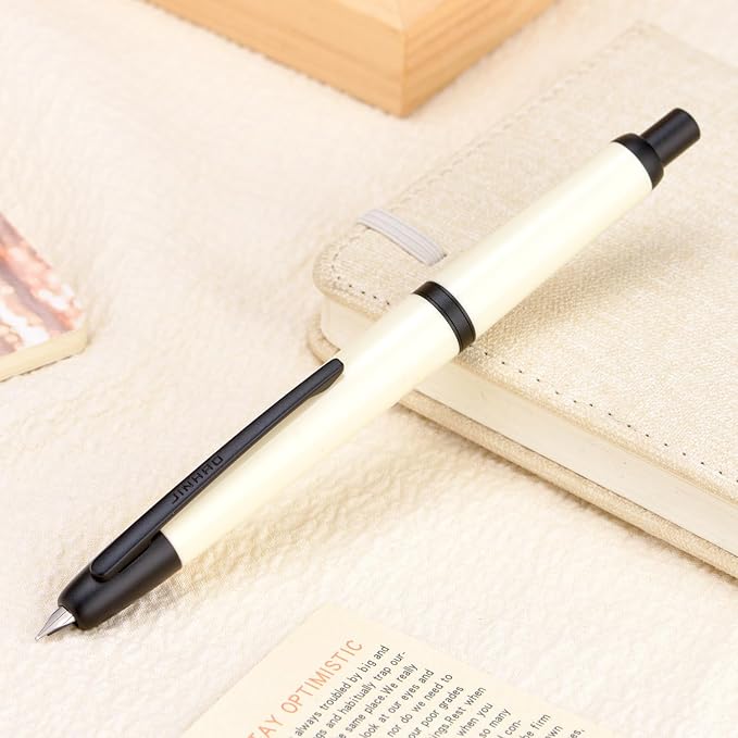 Jinhao 20 Press Fountain Pen, Ivory White Retractable Fine Nib with Ink Converter Set (Black Clip)