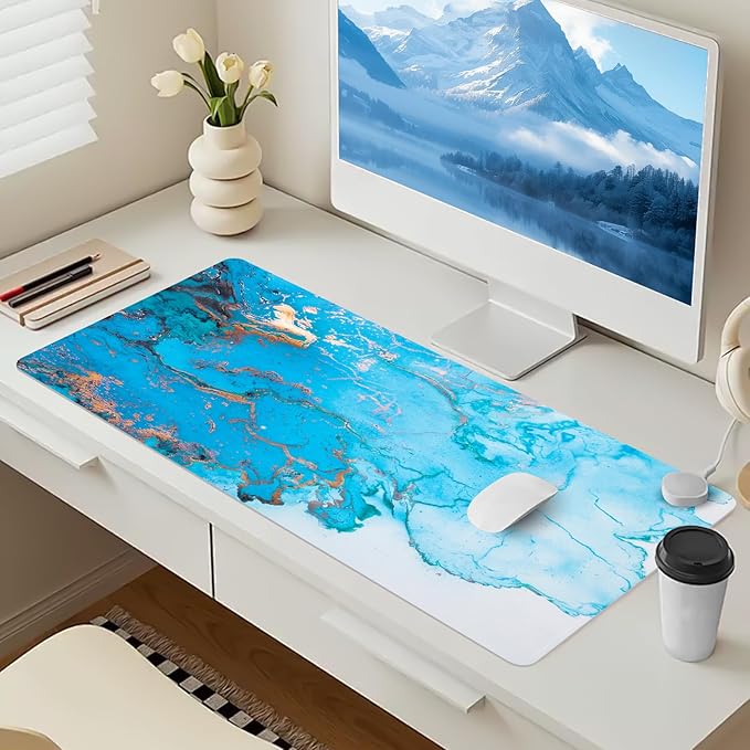 Bloss Blue Marble Desk Mat, Leather Desk Pad, Desk Matt for Desktop, Waterproof Desk Pad Mat, Computer Mat for Office Work/Home/Decor/Desk Protect(31.5 x 15.7 Inches)