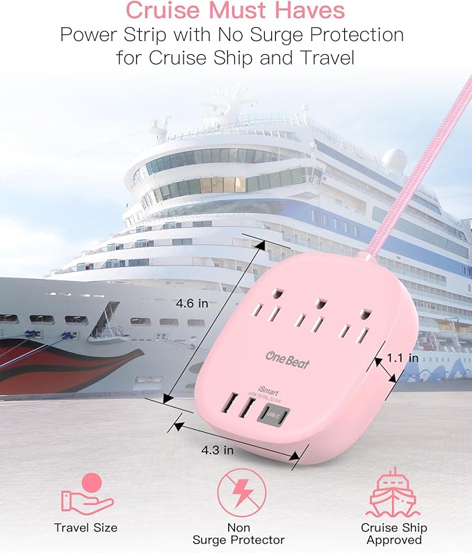 Flat Plug Power Strip, 6ft Pink Flat Extension Cord - 3 Outlets 4 USB Ports (2 USB C) 22.5W/4.5A Desktop Charging Station, Power Strip No Surge Protection for Cruise Ship, Dorm Room Travel Essentials
