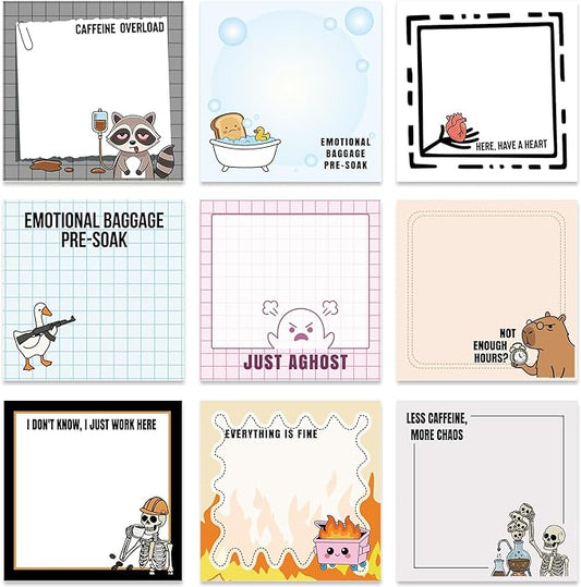 Funny Sticky Notes Gifts - 9 Pack Funny Notepads 3x3 Inch Work Gag Office Gifts, Foolish Fun Self-Stick Memo Pads Supplies for Friends Coworkers, 450 Sheets