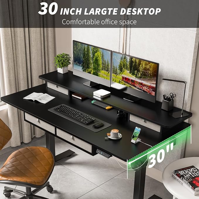 Kingant Electric Standing Desk with 4 Drawers,USB Charging Ports 48"x 30" | Ergonomic Height Adjustable Large Workstation, Heavy-Duty Sit Stand Up Desk For Home Office Daily Work,Black