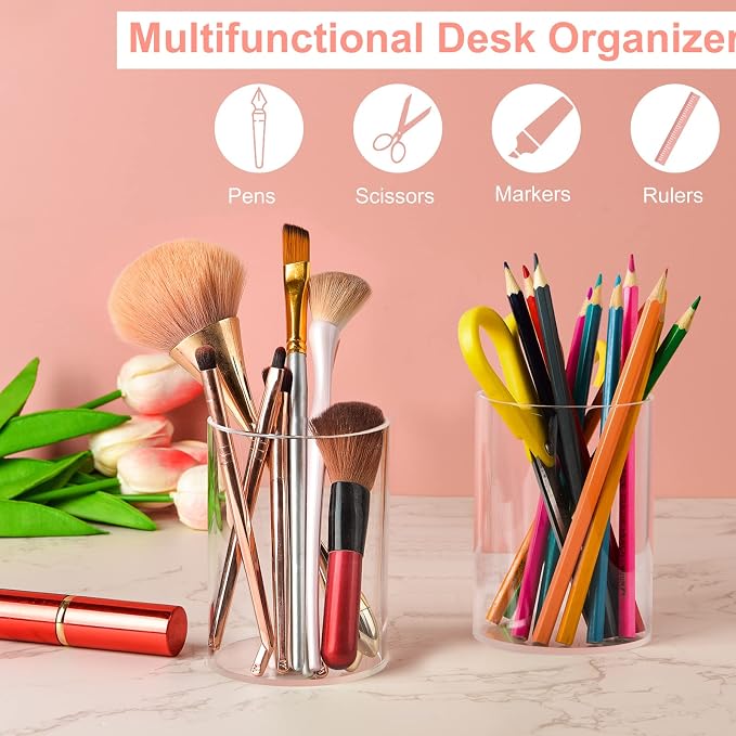 Mototo 8 Pieces Clear Acrylic Pen Holder Round Acrylic Pencil Cup Clear Makeup Bush Holder Acrylic Desktop Stationery Organizer for Office School Home Desk Accessories (8 Pack, Round)