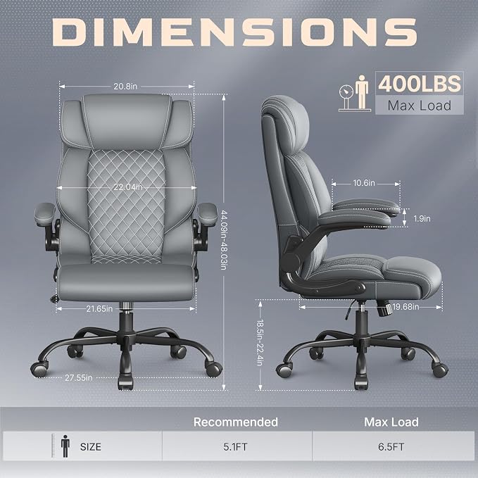 Office Chair-Executive High Back Breathable Big and Tall Office Chair Flip-up Armrests Lumbar Support-Ergonomic Leather Rolling Swivel Chair with Rock Function for Working Studying Gaming,Gray