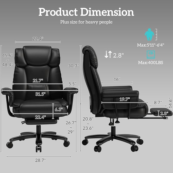 GYI 160 Reclining Office Chair with Footrest, Big & Tall Desk Chair, Black | Cross Legged Seat, High Back, Faux Leather, Heavy Duty Base, Adjustable Height, for Home, Executive