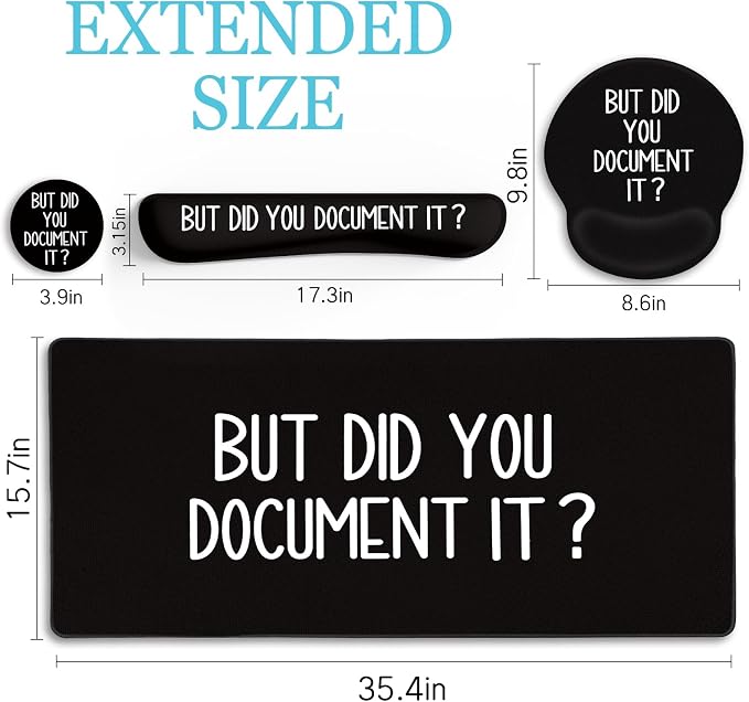 LIMKRIAN Black Mouse Pad Large Desk Mat Set, Funny Mouse Pad with Wrist Rest Keyboard Wrist Support XXL Mousepad Cup Coaster Set, Cute Office Desk Accessories Decor Supplies But Did You Document It