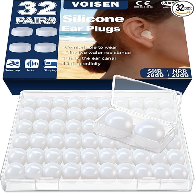 VOISEN Wax Ear Plugs,64 Pcs (32 Pairs) Silicone Ear Plugs Noise,20db NRR,28db SNR Wax Earplugs for Sleeping,Snoring, Swimming, Travel, Concerts and Studying