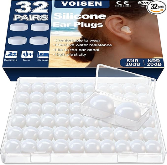 VOISEN Wax Ear Plugs,64 Pcs (32 Pairs) Silicone Ear Plugs Noise,20db NRR,28db SNR Wax Earplugs for Sleeping,Snoring, Swimming, Travel, Concerts and Studying