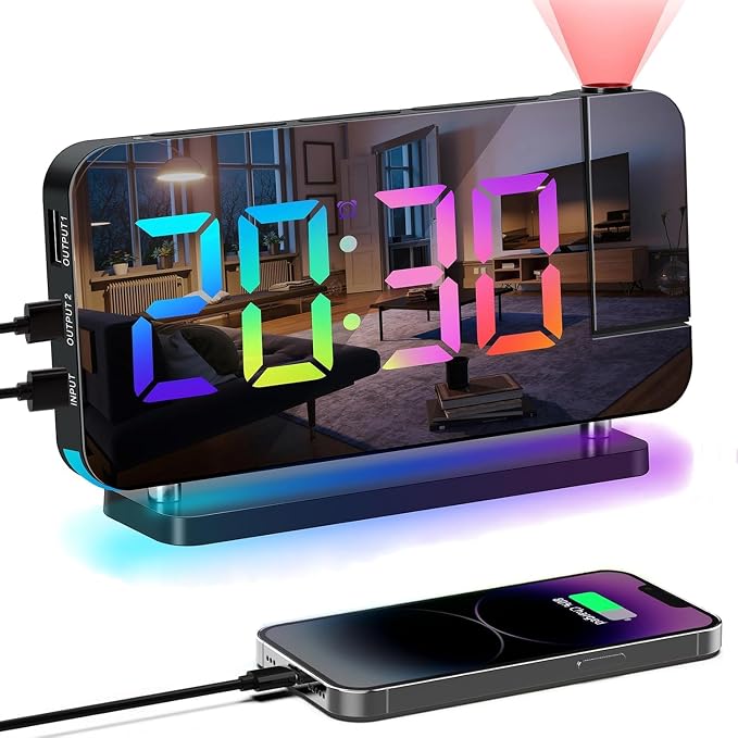 Projection Alarm Clock for Bedroom Ceiling,RGB Digital Clocks Radio with | 10 Colors RGB Night Light,Loud Alarm Clock for Heavy Sleepers,USB C Charger Port,Snooze,12/24H,Auto Dimming