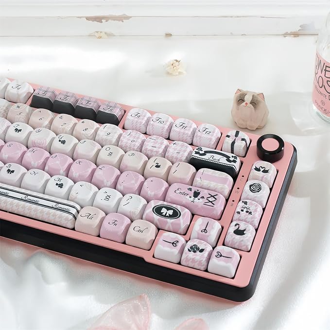 Black Pink Cute Keycaps,MOA Pofile Swan-Theme Custom Keycap Dye Sublimation PBT Keycaps 131 Keys Full Size Keycap Set for Cherry MX Switches 60% 75% 100% Mechanical Gaming Keyboard