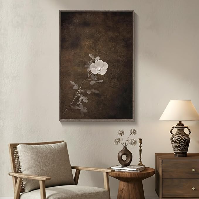 Framed Vintage Floral Vertical Wall Art, Moody Neutral Minimalist Botanical Canvas Artwork, Retro Rustic Brown Wabi Sabi Dark Flower Painting Prints for Living Room Bedroom Hallway Wall Decor, 24x36