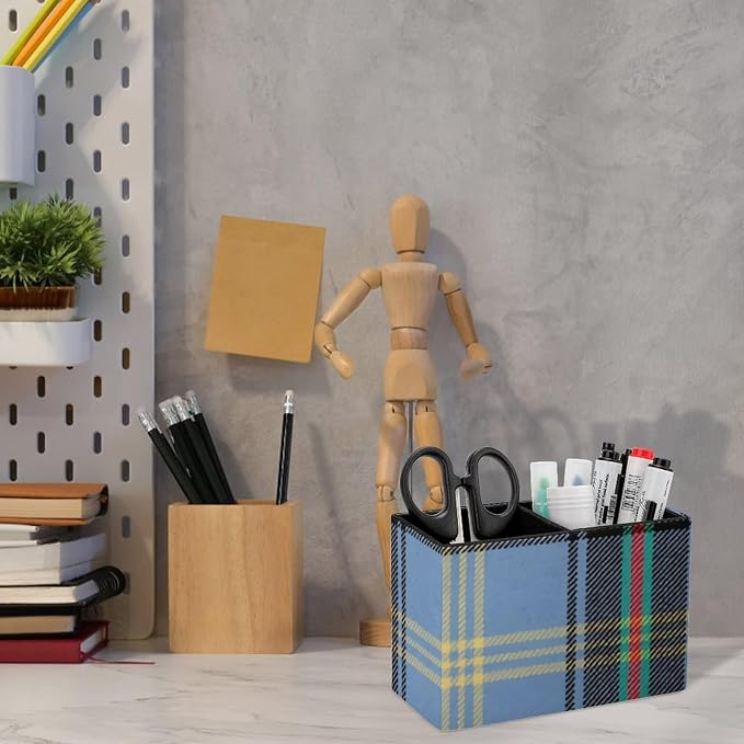 BELL OF THE BORDERS TARTAN PU Leather Pen Holder Desk Organizer, 2-Compartment Pencil Container for Office, Home, Vanity Use