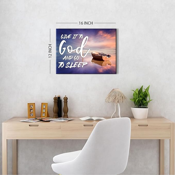 Beach Christian Wall Art Canvas Give It to God and Go to Sleep Religious Sign Poster Bedroom Wall Decor Bible Verse Scripture Artwork Sunset Boat Picture Living Room Above Bed Home Decorations 12x16''
