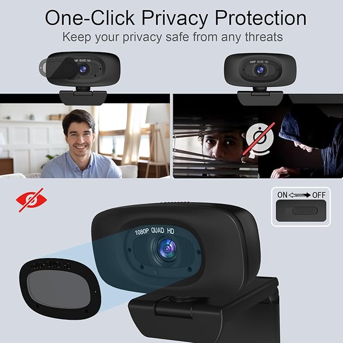 Webcam for PC - PC Camera Webcam 1080P, Desktop Computer Web cam with Privacy Shutter and Tripod Autofocus, Dual Noise-Cancelling Mics,Auto Light Correction, USB Plug&Play