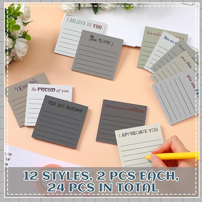 Yinder 24 Pcs Inspirational Sticky Notes Thank You Gift Motivational Sticky Note Pad Employee Appreciation Gift Bulk for Staff Coworker Teacher Nurse Office Groups 3 x 3'' (Appreciation,Neutral)