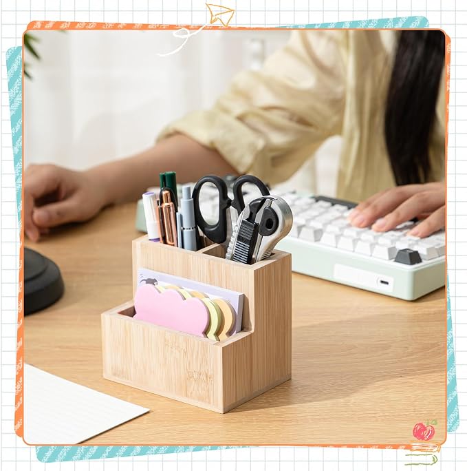 Maitys Bamboo Wood Pen Holder for Desk Wooden Pencil Remote Control Organizer with 3 Compartments Small Desk Accessories for Workspace Home Office Classroom Bathroom