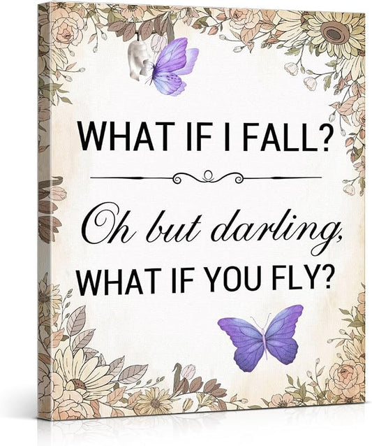 Inspirational Purple Butterfly Wall Art Decor, What If You Fly Motivational Quote Canvas Painting Artwork Picture Posters for Teens Room Bedroom Office (8 X 10 Inches, Framed)