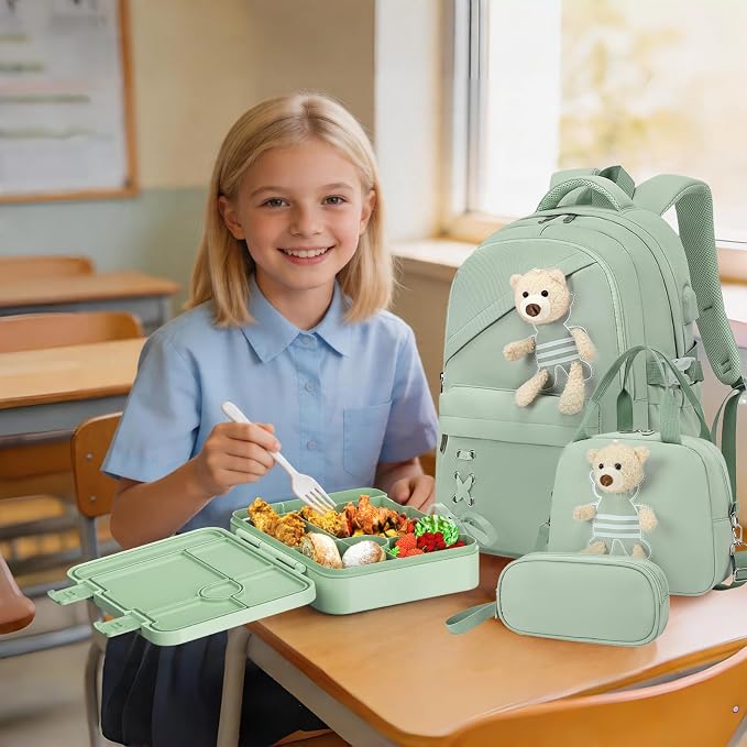 ACESAK Backpack for Girls with Bento Box - 4 PCS Cute Girls Backpack with Lunch Box, Pencil Case & Bento Box Set - 43oz Leakproof Lunch Box Kids Snack Containers Set Back to School Supplies (Green)